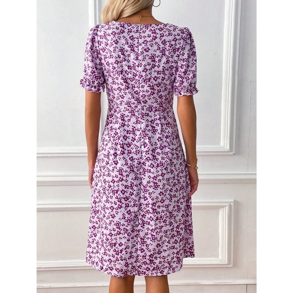 preppy Floral Print Puff Sleeve Split Thigh mini Dress - Picture 3 of 12